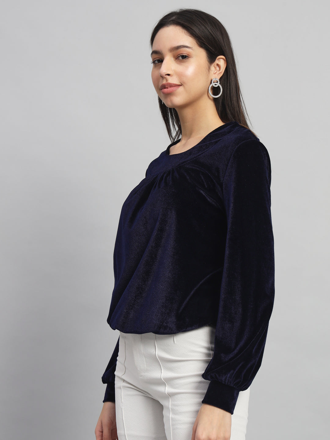 Round Neck Puff Sleeves Blouson Top Navy Blue