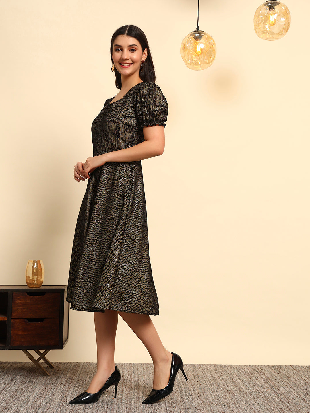 Black Gold Shimmer Fit & Flare Midi Dress