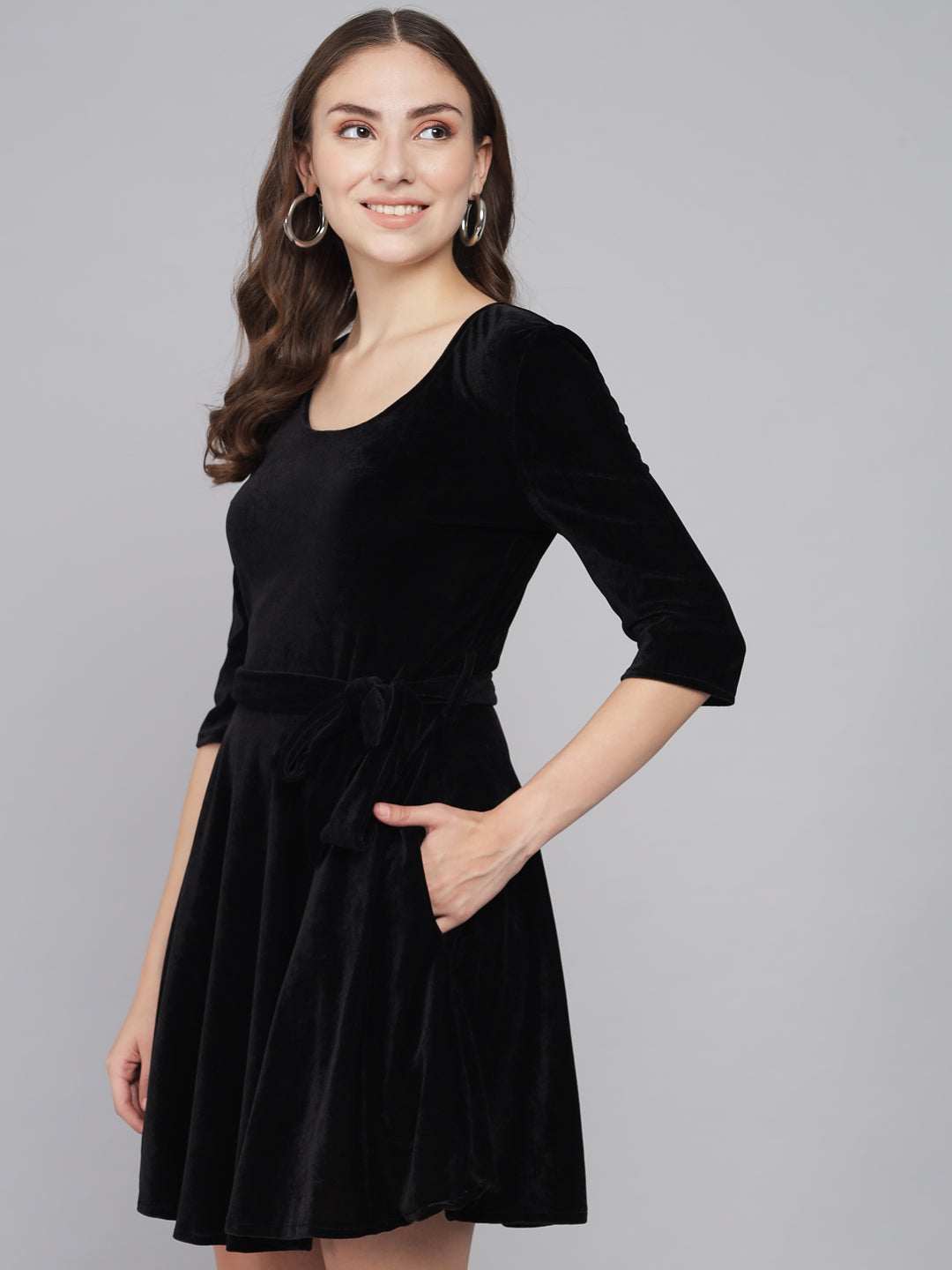 Tie-Ups Velvet A-Line Dress with Side Pockets