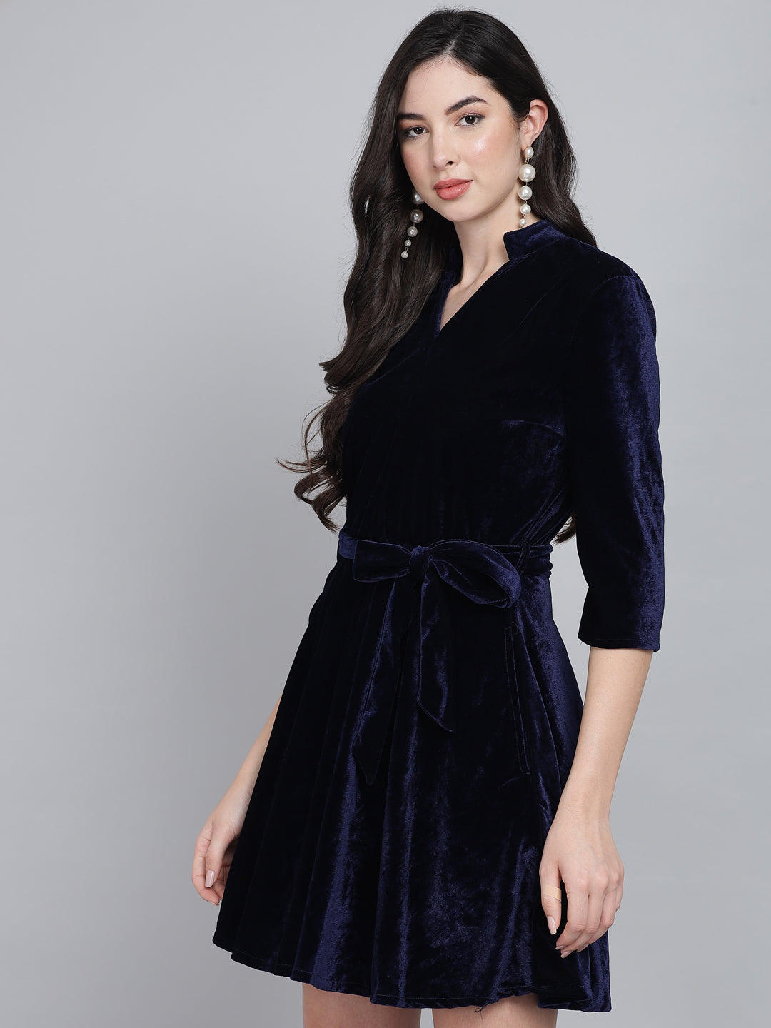 A-Line Quarter Sleeves V-Neck Party Dress Dark Blue