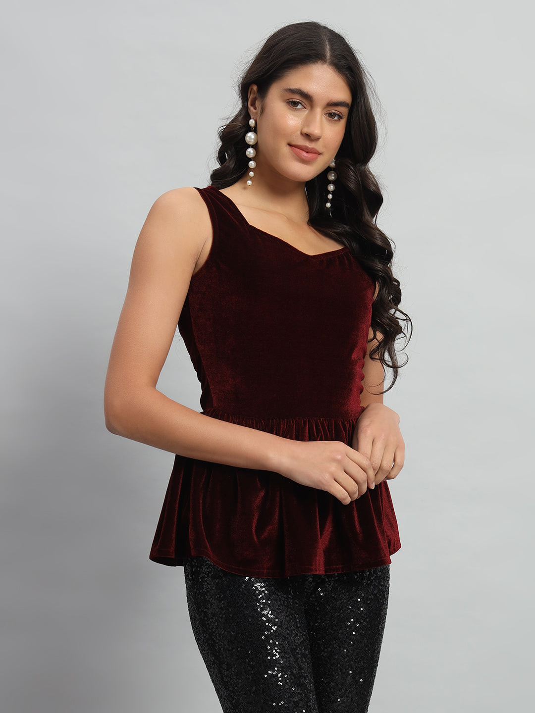 Waistline Ruffle Sleeveless Party Top Maroon