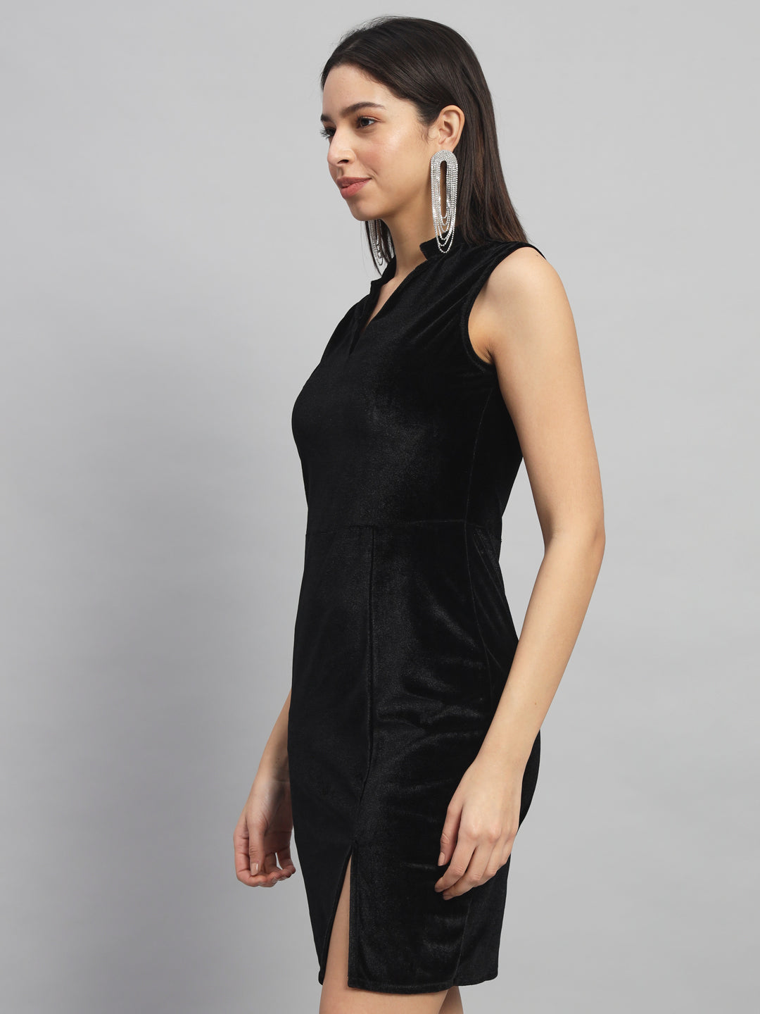 Mandarin Neck Sleeveless Bodycon Party Dress Black