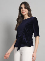 Half Sleeeves Front Tie Waistband Party Top Navy Blue