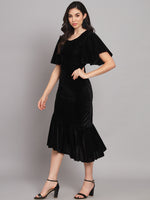 Velvet Fabric Fish Cut Ruffle Bottom Bodycon Party Midi Dress Black