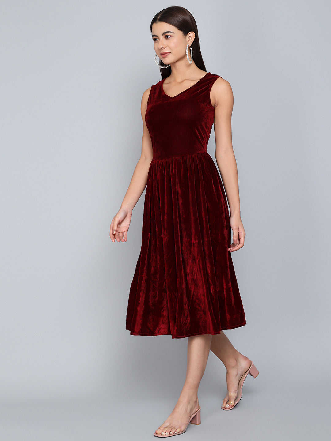 A-Line Velvet V-Neck Tops Sleeveless Party Dress Sporty Maroon