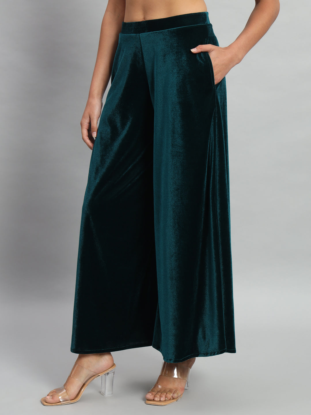 Women Velvet Wide Leg Palazzos Rama Green