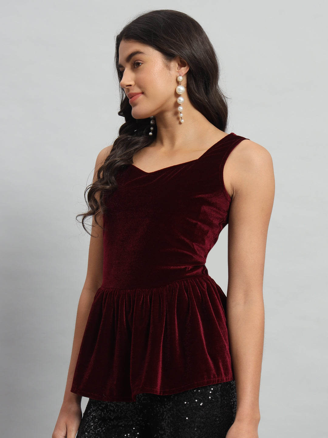 Waistline Ruffle Sleeveless Party Top Maroon