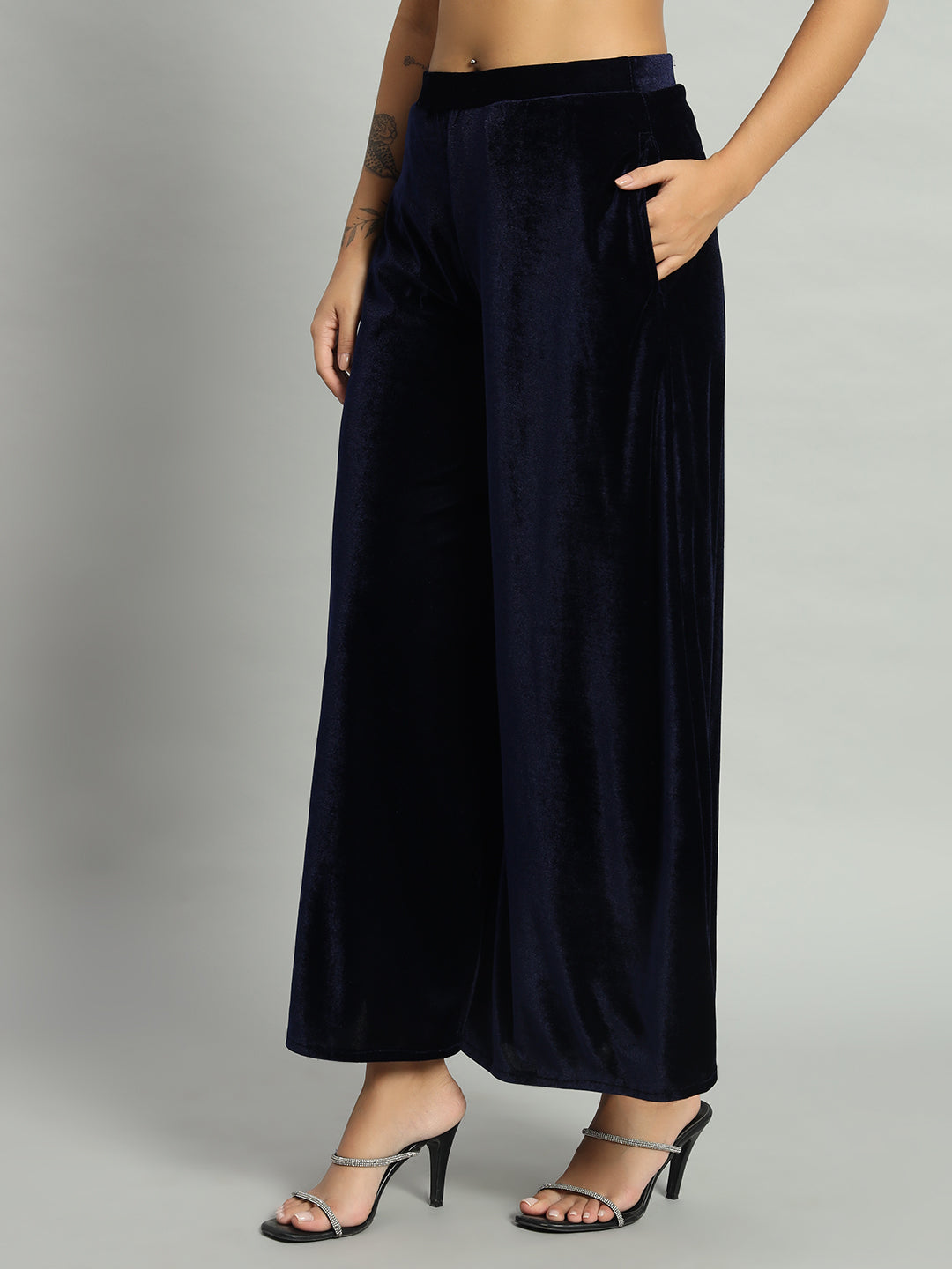 Women Velvet Wide Leg Palazzos Navy Blue