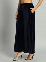 Women Velvet Wide Leg Palazzos Navy Blue