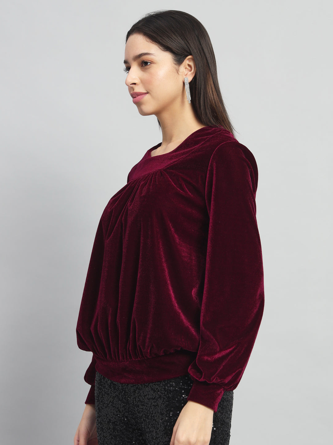 Round Neck Puff Sleeves Blouson Top Sporty Maroon