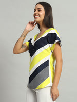 Crepe V-Cut Striped Short Sleeves Top Lemon Yellow