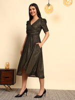Black Gold Shimmer Wrap Dress with Puff Sleeves