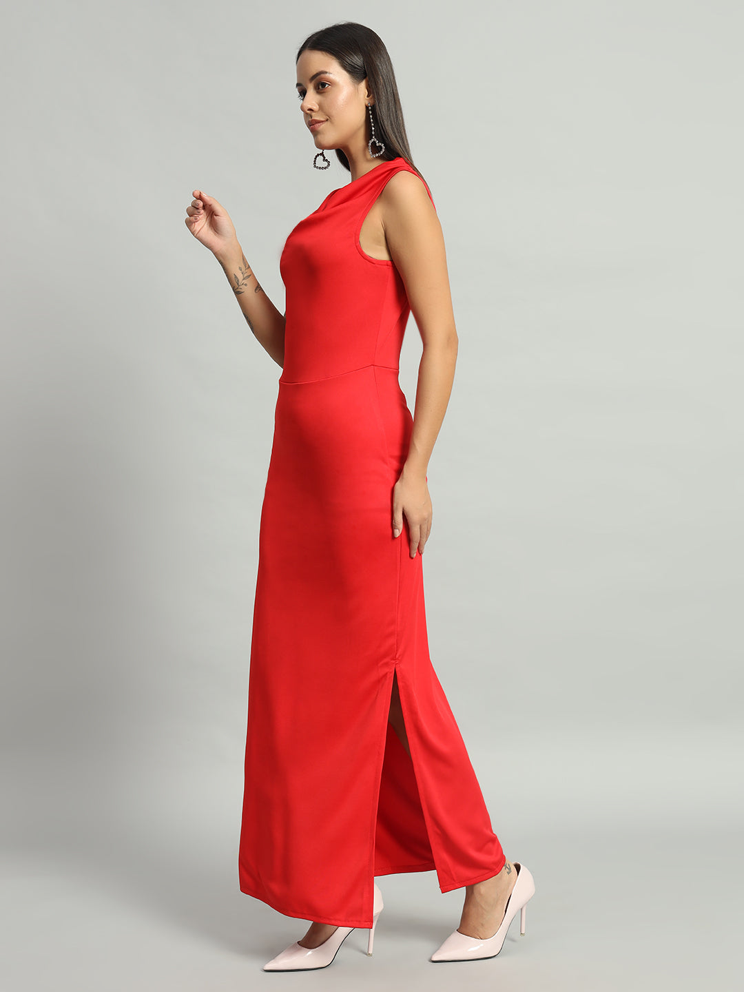 Lycra Cowl Neck Bodycon Maxi Sleeveless Party Dress Scarlet Red