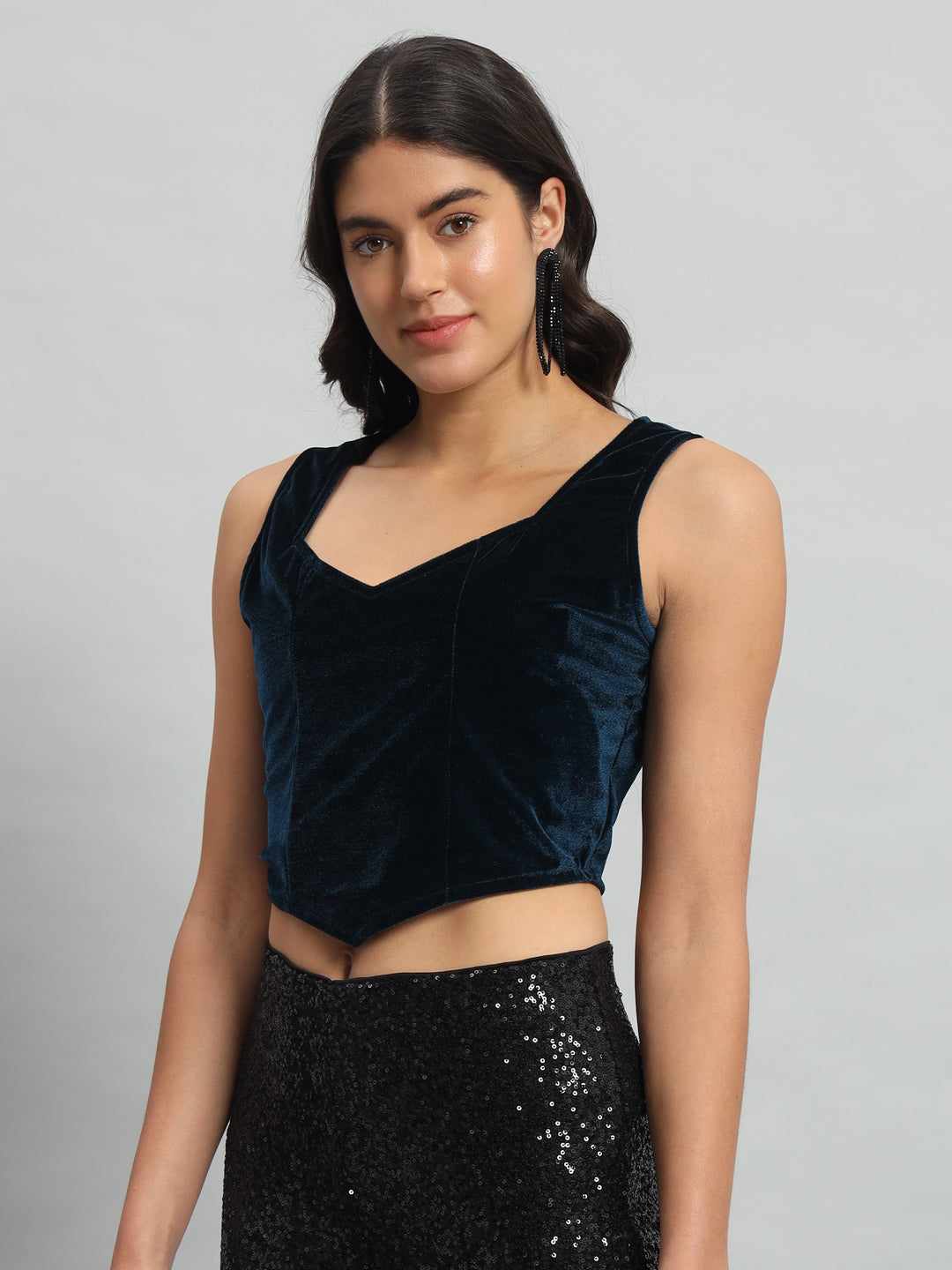 Velvet Sleeveless Readymade Party Blouse Peacock Blue