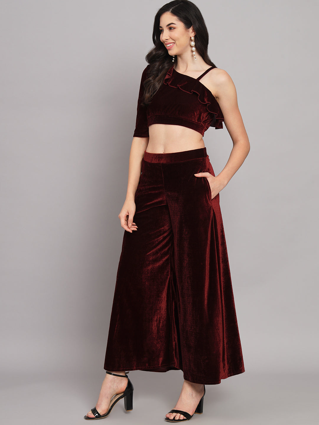 One Sleeve Crop Top with Palazzo Party Co-Ord Set Maroon