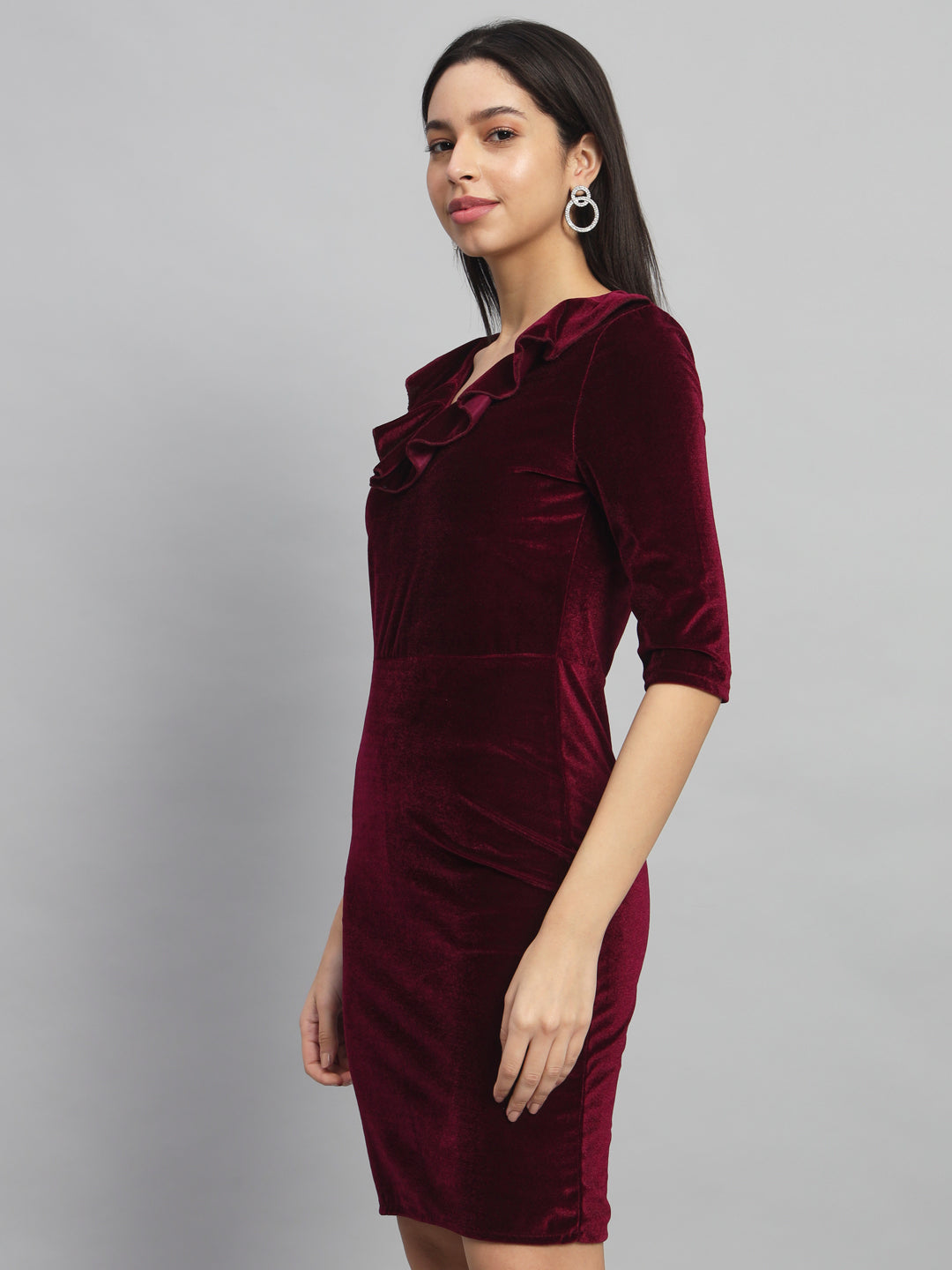 Half Sleeves Above Knee Party Dress Sporty Maroon