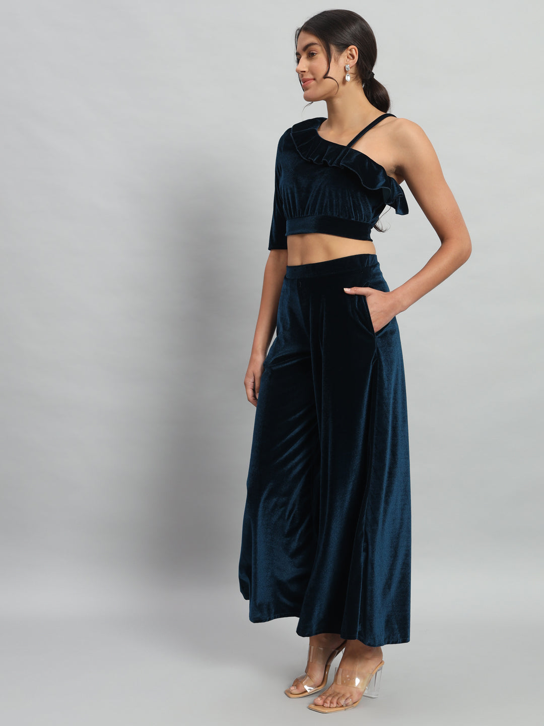 One Sleeve Crop Top with Palazzo Party Co-Ord Set Black