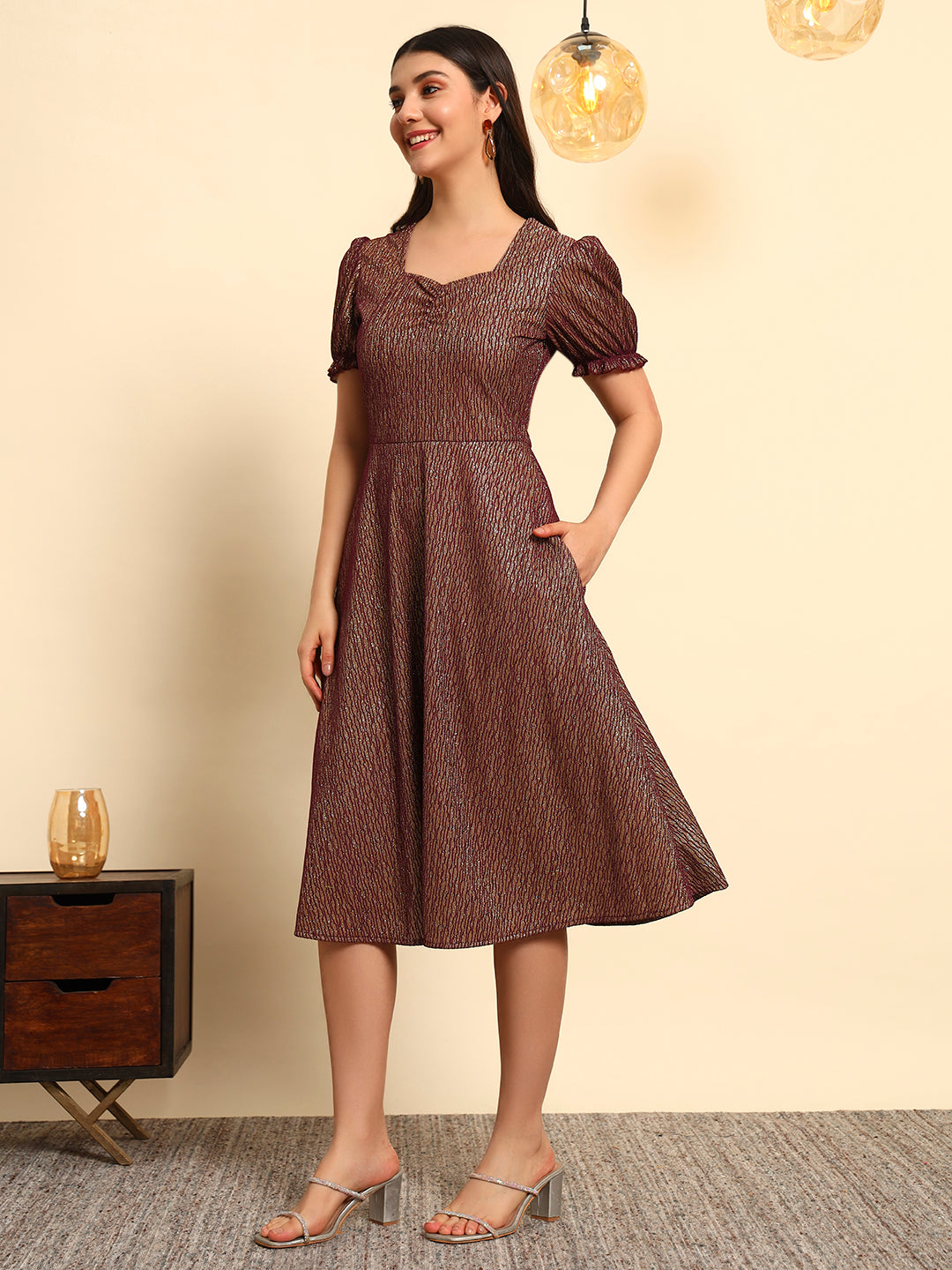 Plum Gold Shimmer Fit & Flare Midi Dress