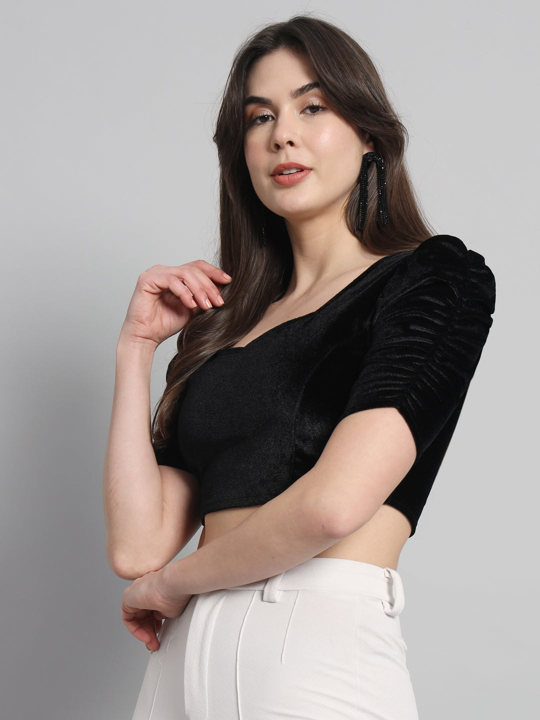 Puff Sleeves Velvet Blouse Tops Black