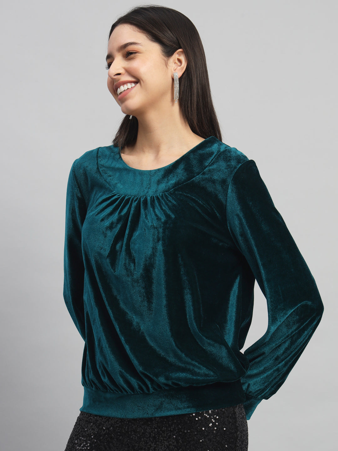 Round Neck Puff Sleeves Blouson Top Rama Green