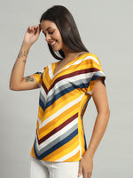 Crepe V-Cut Striped Short Sleeves Top Dark Yellow