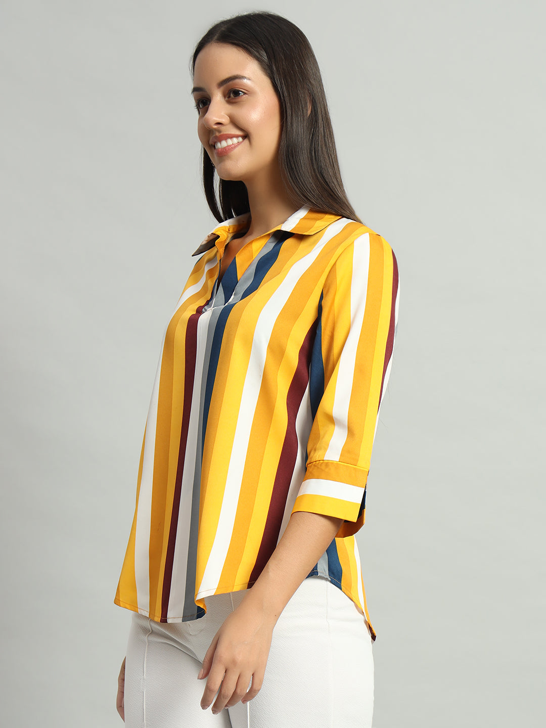 Crepe V-Neck Collared Quarter Sleeves Tops Dark Yellow