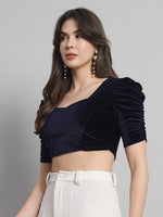 Puff Sleeves Velvet Blouse Tops Navy Blue