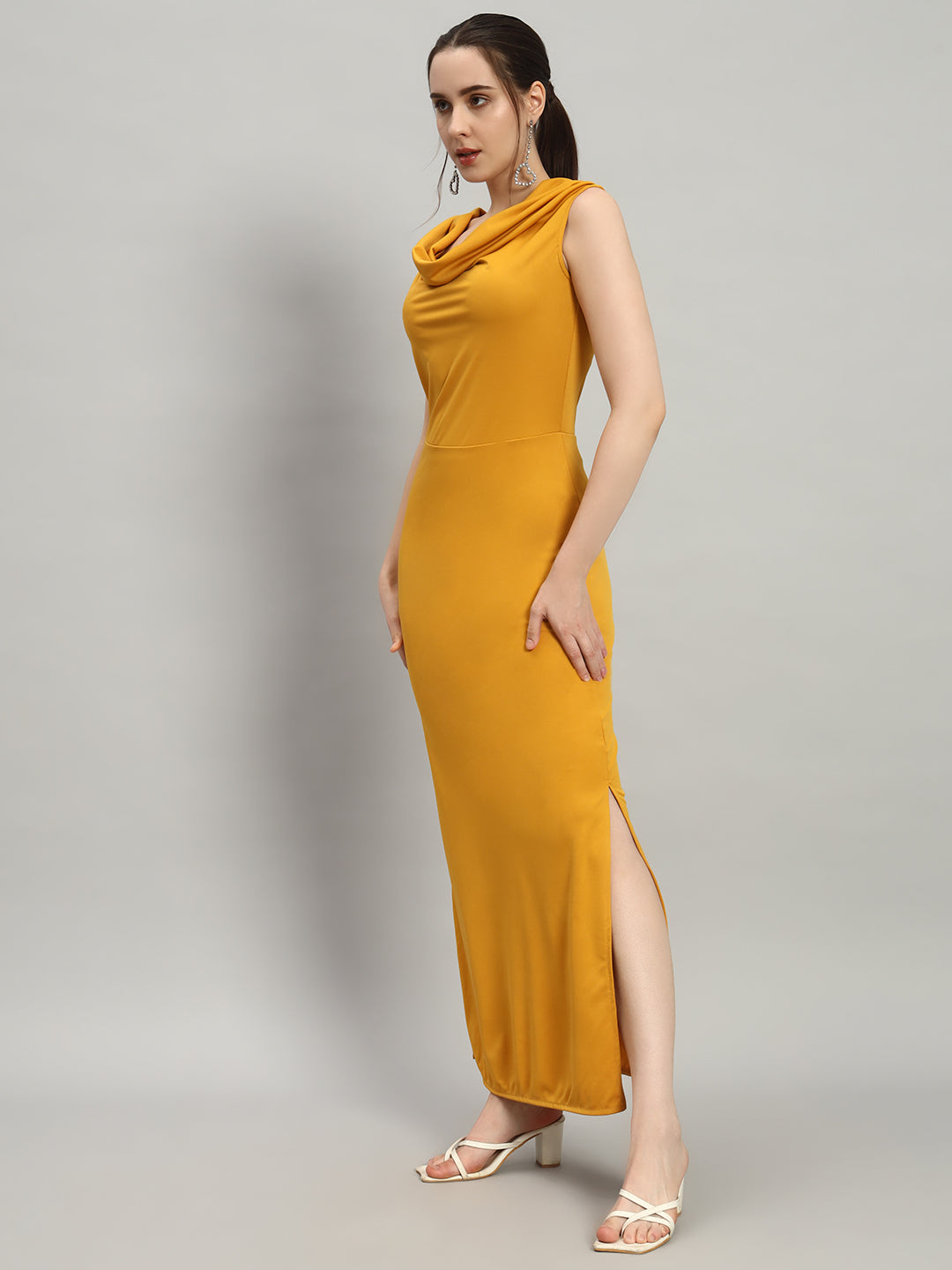 Lycra Cowl Neck Bodycon Maxi Sleeveless Party Dress Mustard Yellow