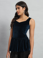 Waistline Ruffle Sleeveless Party Top Peacock Blue