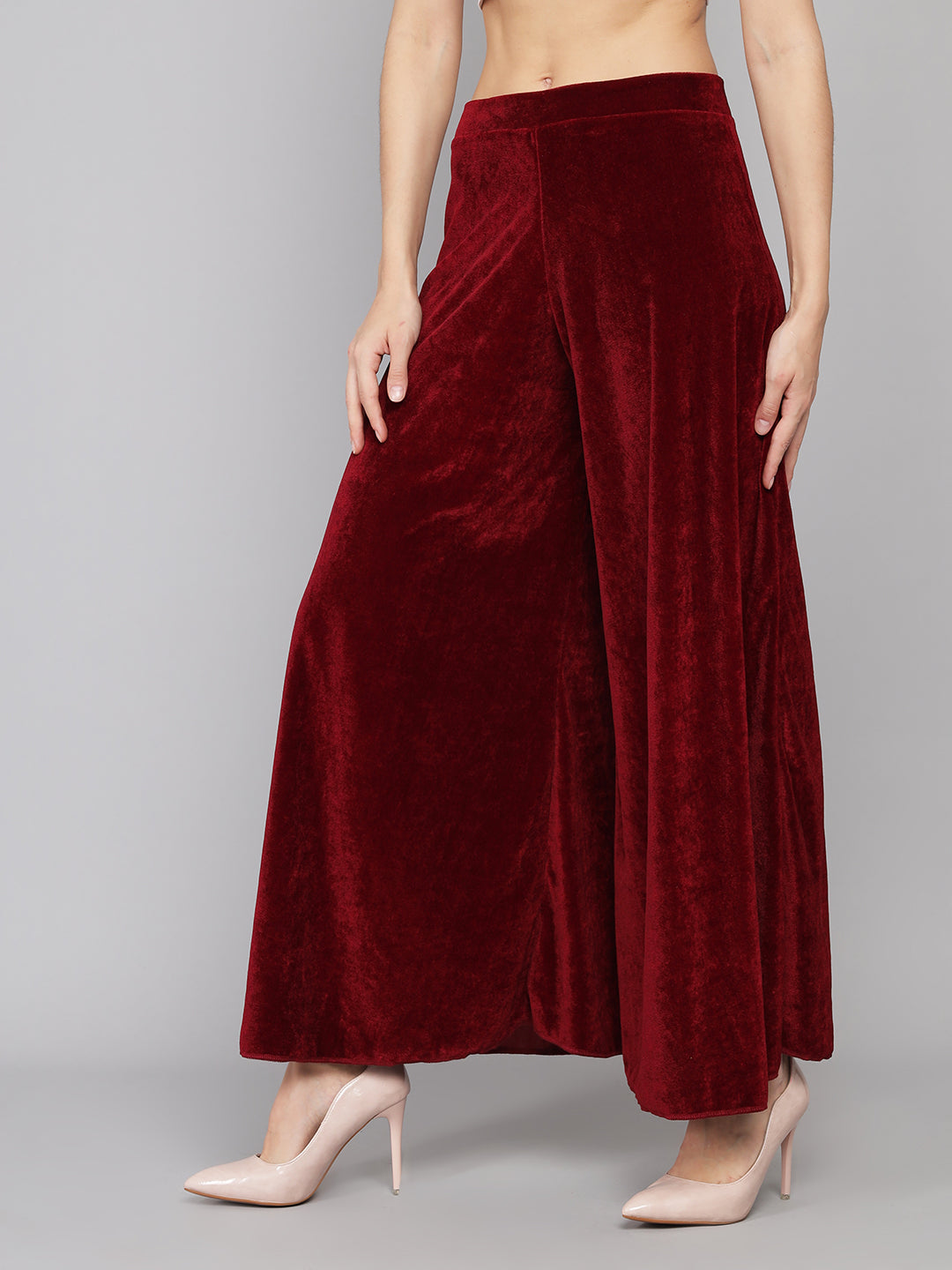 Women Velvet Wide Leg Palazzos Maroon