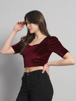 Puff Sleeves Velvet Blouse Tops Sporty Maroon