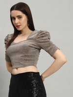 Lycra Party Puff Sleeves Readymade Blouse Top Golden Brown