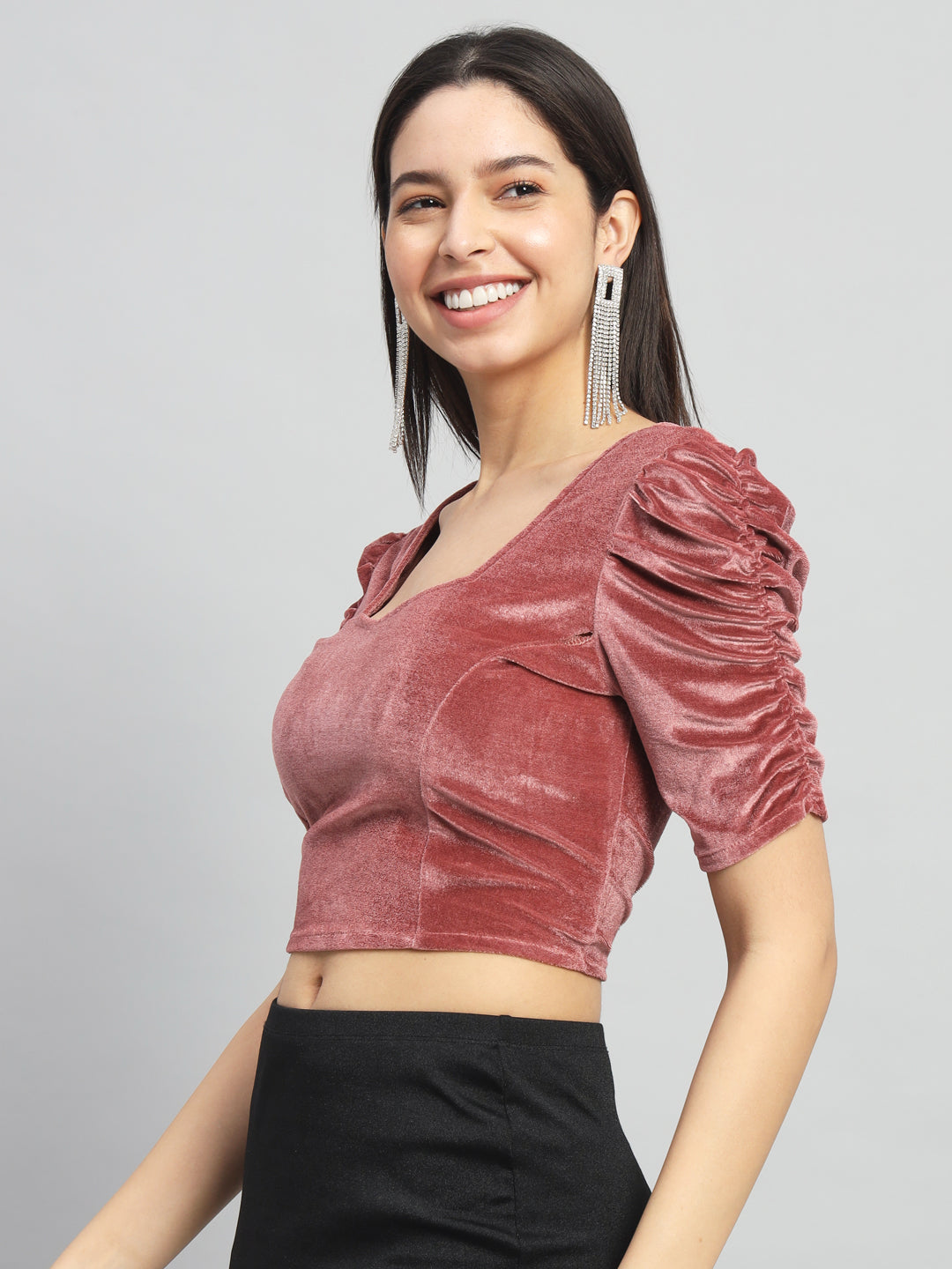 Puff Sleeves Velvet Blouse Tops Maroon