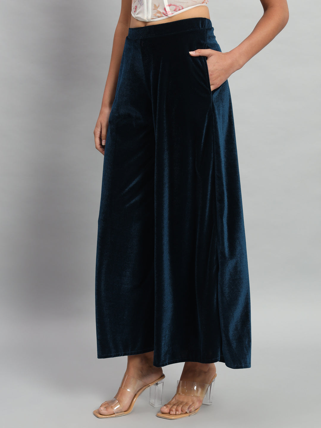 Women Velvet Wide Leg Palazzos Peacock Blue