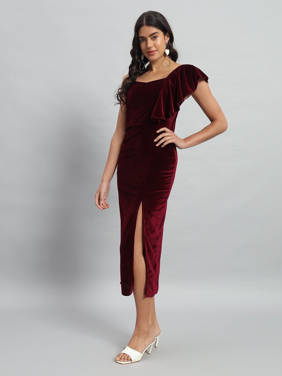 One Flared Sleeve Bodycon Party Dress Maroon