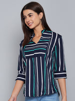 Crepe Multicolor Striped V-Neck Sleeves Stylish