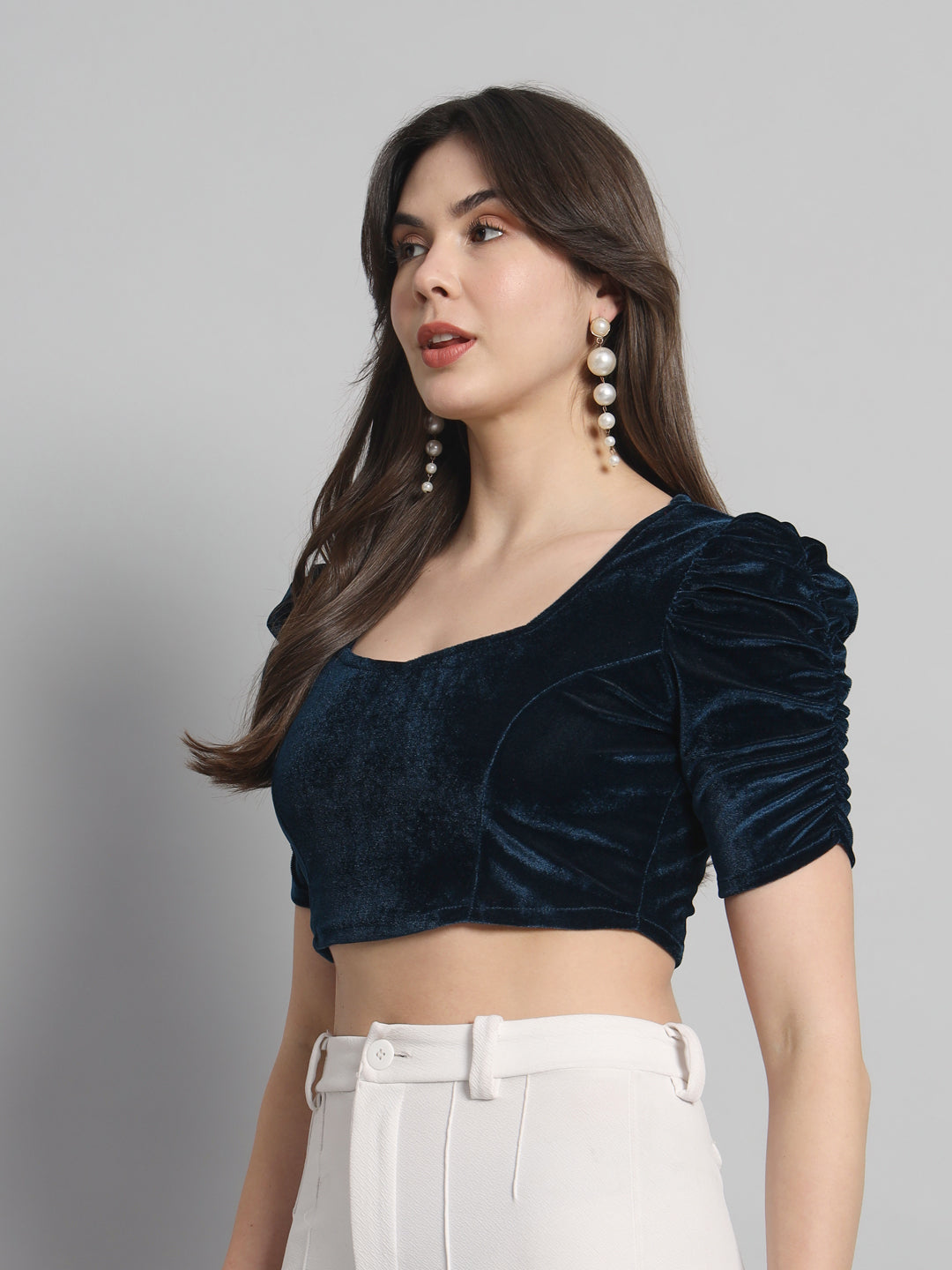 Puff Sleeves Velvet Blouse Tops Peacock Blue