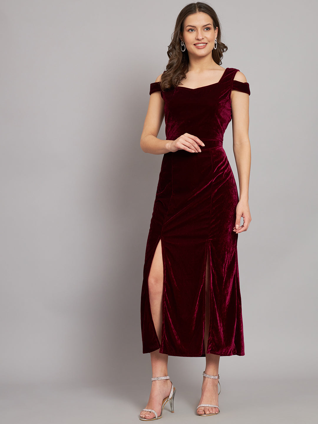 Maxi Style Cold Shoulder Bodycon Party Dress Wine