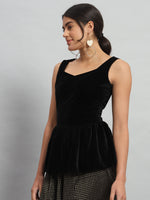 Waistline Ruffle Sleeveless Party Top Black