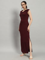 Lycra Cowl Neck Bodycon Maxi Sleeveless Party Dress Wine