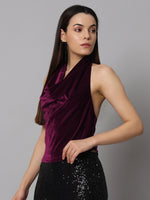 Halter Neck Top Velvet Sleeveless Party Outfit Wine