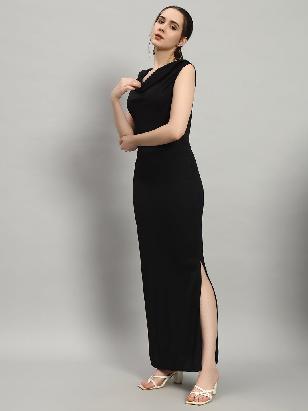 Lycra Cowl Neck Bodycon Maxi Sleeveless Party Dress Black