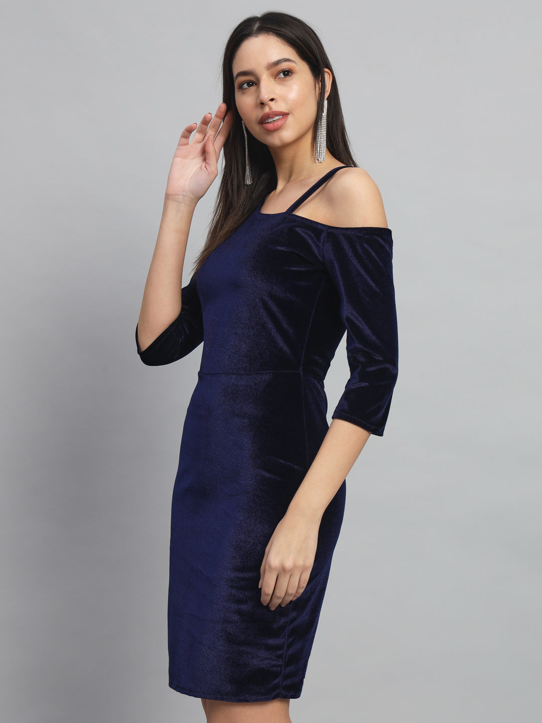 Velvet One Cold Shoulder Bodycon Party Dress Navy Blue