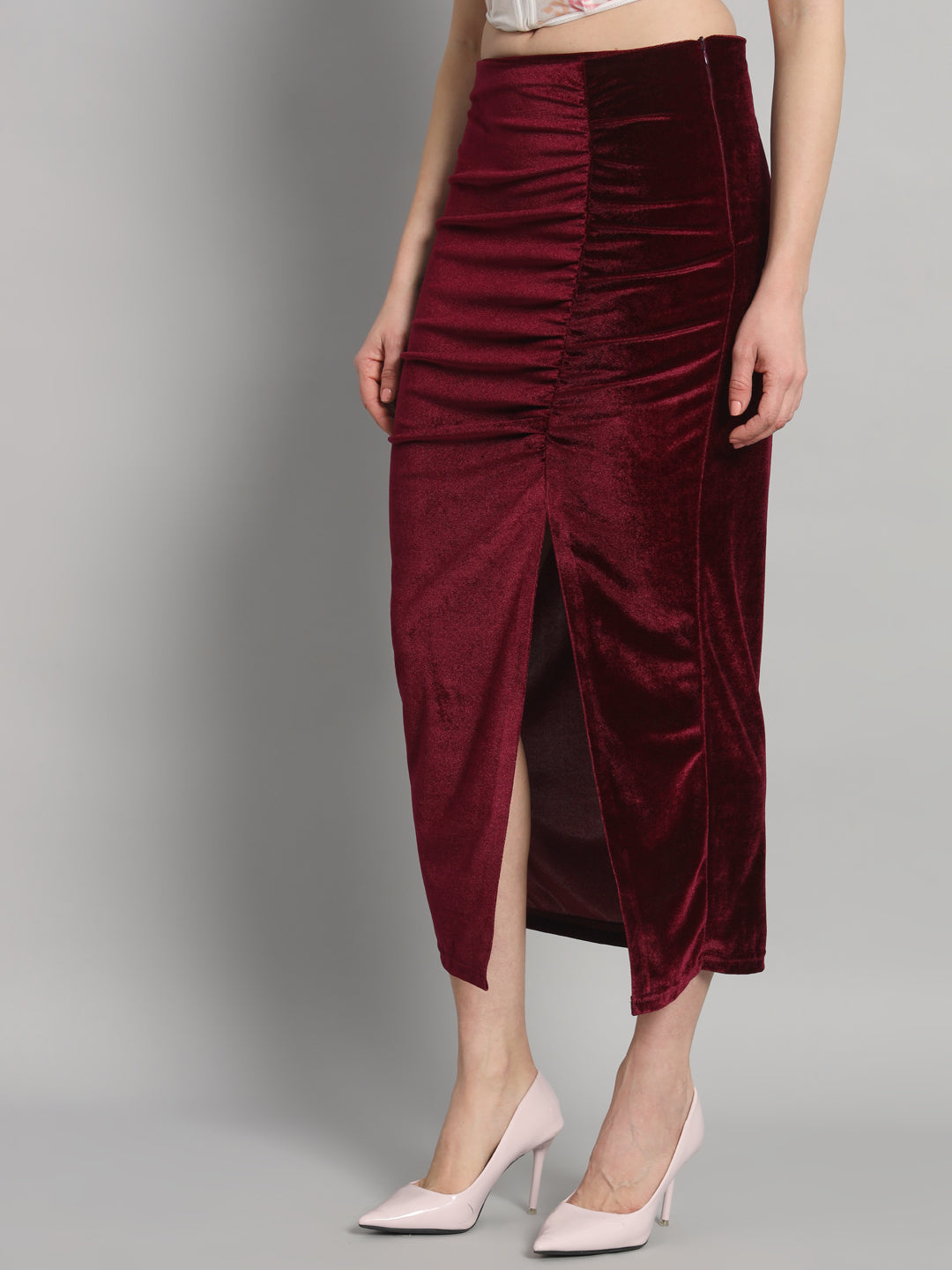 Ankle Length Long Ruched Party Skirt Maroon