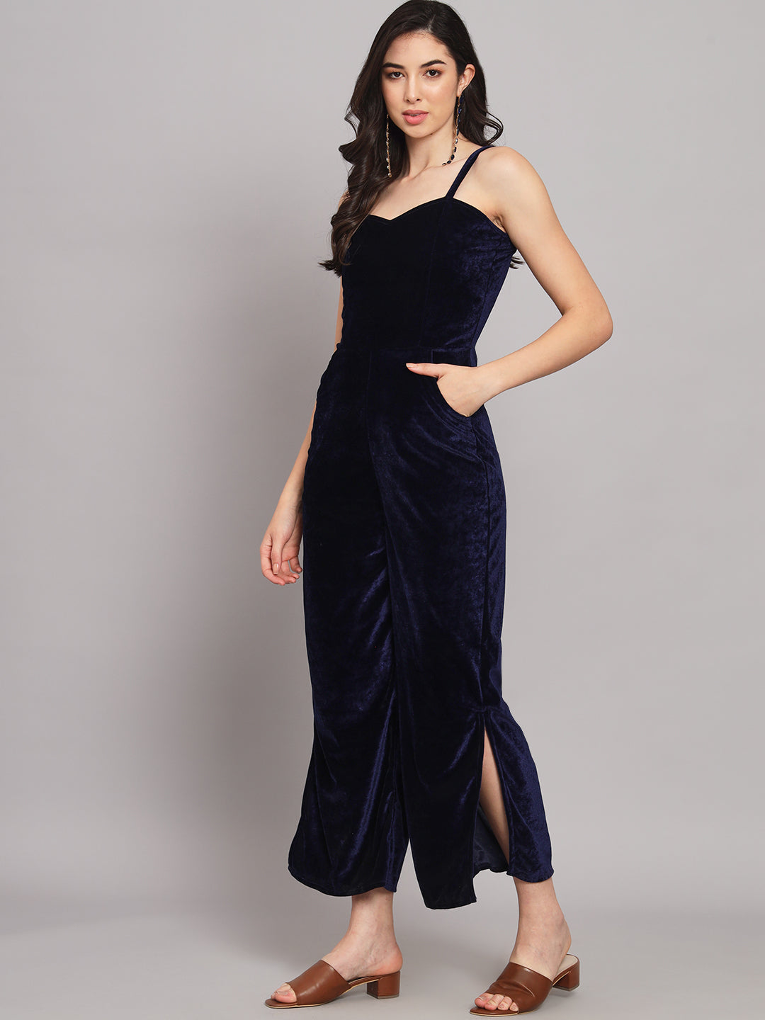 Shoulder Strap Sleeveless One Piece Party Jumpsuit Navy Blue