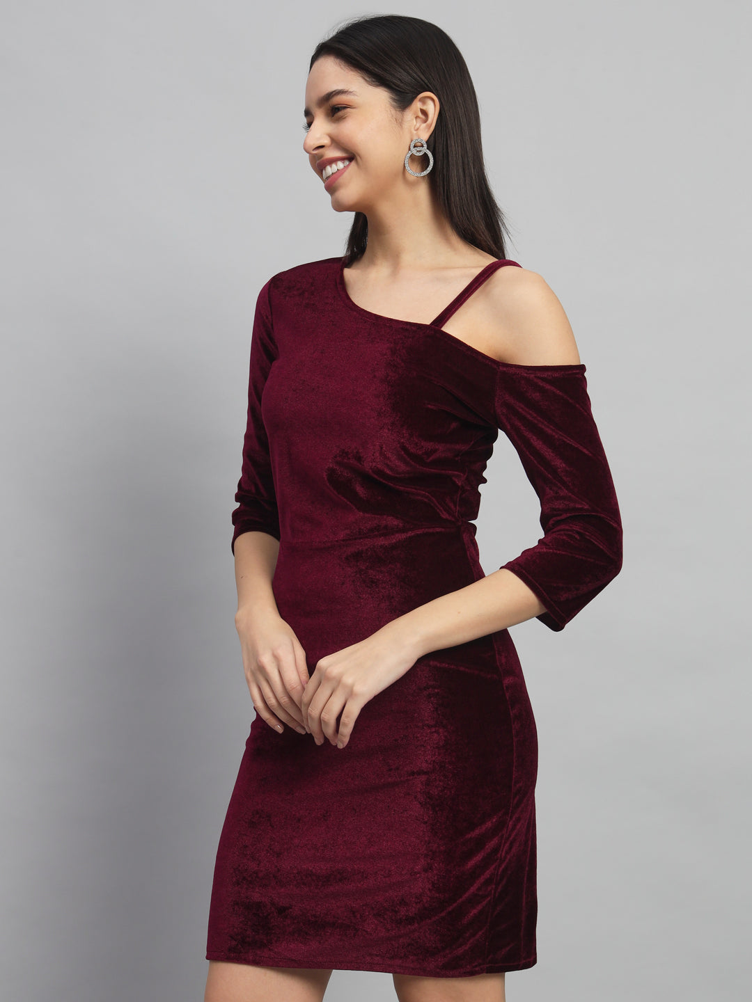 Velvet One Cold Shoulder Bodycon Party Dress Sporty Maroon