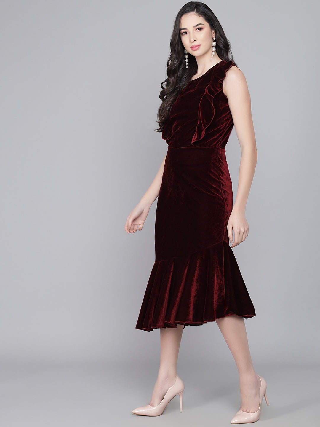 A-Line Ruffle Bottom Sleeveless Party Dress Maroon