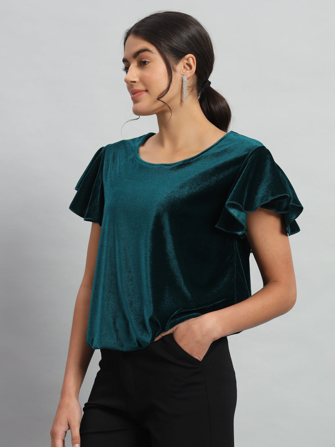 Short Sleeves Ruffles Stylish Party Top Rama Green