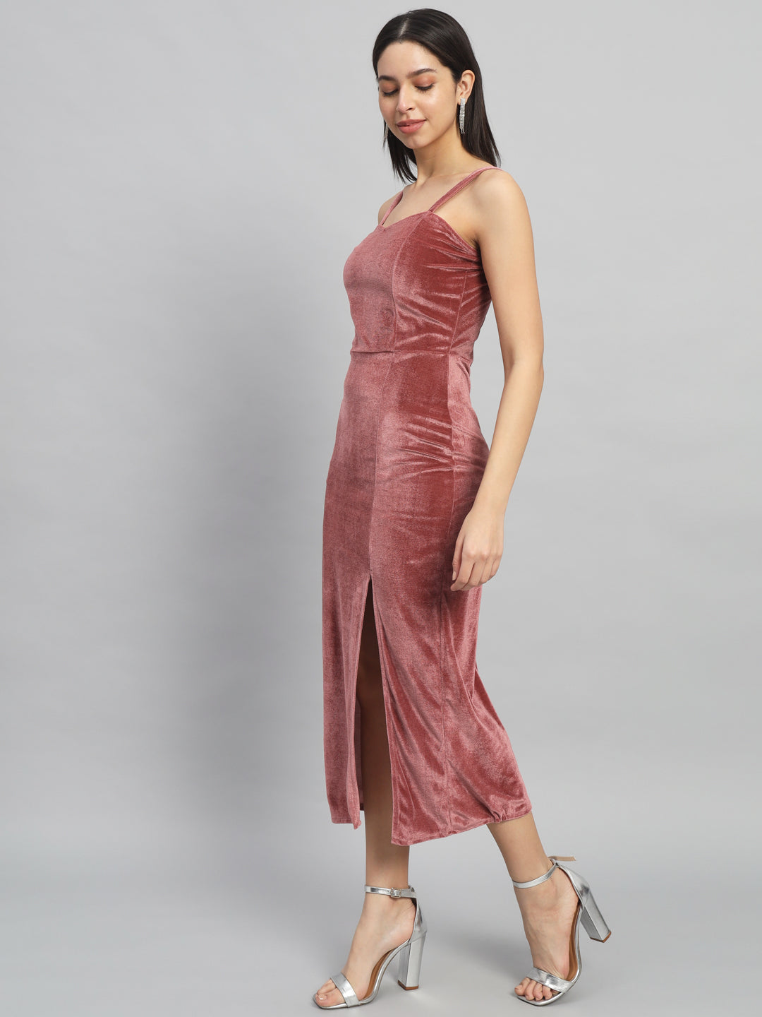 Maxi Sleeveless Velvet Square Neck Bodycon Dress Dark Peach