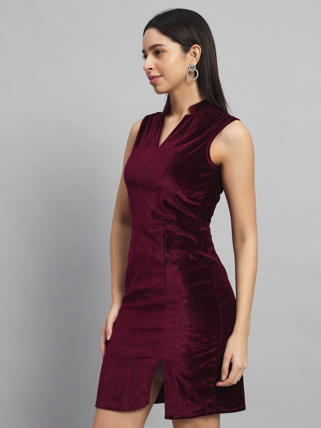 Mandarin Neck Sleeveless Bodycon Party Dress Maroon